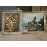 Gilt framed oil painting of an Oriental lake together with a framed print of flowers
