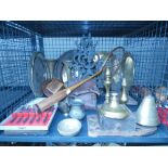 A cage containing a vintage badminton racquet, boxed cutlery sets, treen, barometer, plus brass