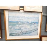 Framed and glazed Pointillist landscape scene print in gold brushed frame