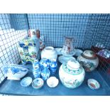 (3) Cage containing a staffordshire dog, ginger jars, blue and white china, and general crockery