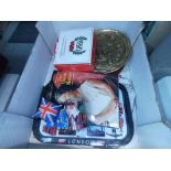 Box containing commemorative wear plus brass trays and china plates