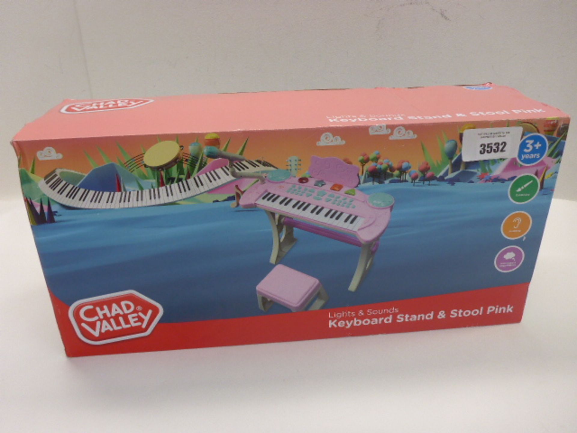 Chad Valley light & sound keyboard stand and pink stool set