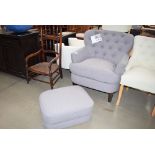 Pulaski button back armchair with matching grey footstool