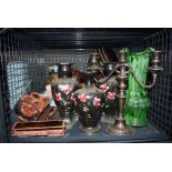 (I) Cage containing Edwardian rose patterned vases, carved gourds, oriental figure, magic lantern