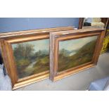 Pair of oil on canvas gilt framed paintings of riverside and countryside scenes