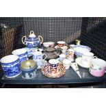 (E) Cage containing commemorative ware, blue and white china, coffee cups and saucers