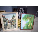 French oil on canvas of a village street, print with woodland and cottage plus two abstract wall