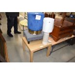 Blue draylon footstool, a grey button backed footstool, an oak coffee table and a 2 tone grey