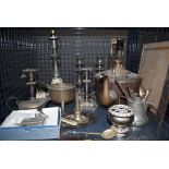 Cage containing a hip flask, copper kettle, pewter candlesticks, loose cutlery and silver plated