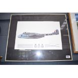 Framed and glazed print of an RAF Vampire FB.5 aeroplane, signed