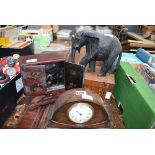 Chinese jewellery box, a Victorian jewellery box, carved wooden elephant and an oak cased mantle