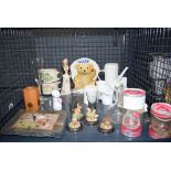 Cage containing ornamental animal figures, a Wade figure plus coffee service, clock and glassware