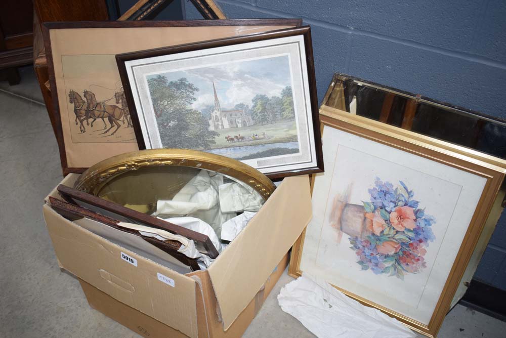 Box containing assorted pictures and mirrors, countryside scenes, horse and carriages, etc