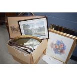 Box containing assorted pictures and mirrors, countryside scenes, horse and carriages, etc