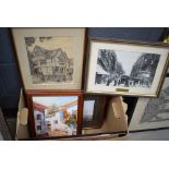 Box containing a quantity of prints and paintings to include city scapes, sailing ship at sea, the