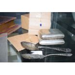 2 silver cigarette cases plus chains and loose cutlery