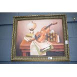 Modern oil on canvas still life with violin and sheet music
