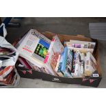 Box and bag containing cookery and baking books plus novels and reference books