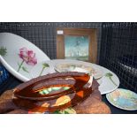 Bisto gravy handbag plus floral decorated plates and trays and a print