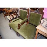Pair of green draylon dark wood hall chairs