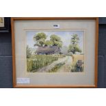 Watercolour of a country lane with barn by Anthony Wildig, 'Barn on the Lane'