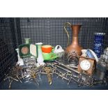 Cage containing knife rests, a copper and brass ewer, toast racks, hip flask and a clock