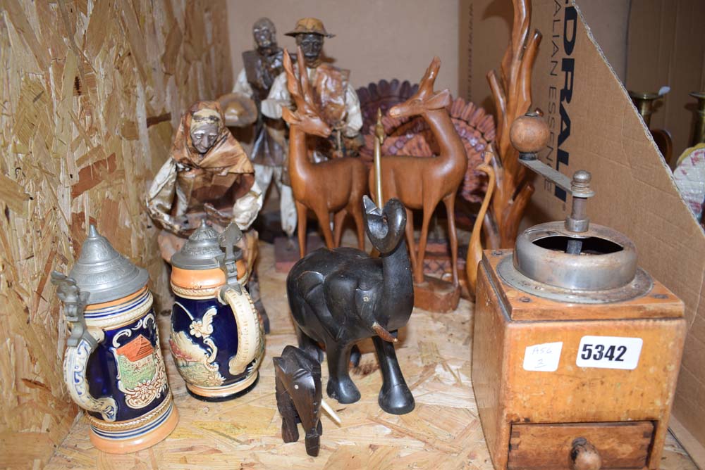 2 Cage containing coffee grinder, beer steins plus carved wooden animal figures