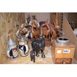 2 Cage containing coffee grinder, beer steins plus carved wooden animal figures