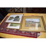 Watercolour of a heath and woodland, plus two prints of farm buildings and river