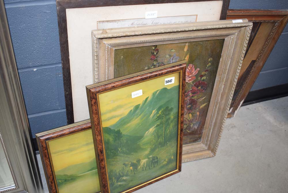 5074 - Collection of 8 assorted paintings to include still lifes, mountainside scenes, maps, etc