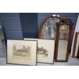 Oval mirror, a narrow rectangular mirror plus 2 watercolours of country cottages