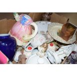Box of novelty teapots, seashells, china and ornamental figures