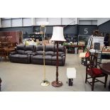 Brown leather effect table lamp, a brass finished uplighter plus a wooden floor lamp with silk shade