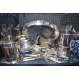 5618 Cage and box containing silver plate to include a galleried tray, teapots, an ale mug,