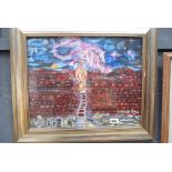 Surreal painting with dragon, dragon wall and figure on ladder