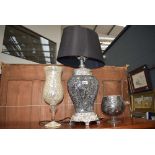 Crackle glazed table lamp with matching crackle glazed vases in the shape of glasses