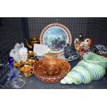 Cage containing collectors plates, lusterware, a novelty teapot, cloisonne vase and general