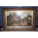 Large oil on canvas painting in gold gilt frame depicting countryside scene with church, horse and