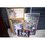 Framed and glazed print of a hunting party, an embroidery, a modern Perusian print, a nautical