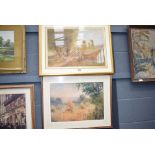 2 framed and glazed watercolours, 'Children on the Bridge' and 'Haystacks' by Montgomerie