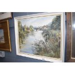 Framed acrylic on board painting of a riverside scene