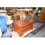 Mahogany framed piano stool with embroided floral top and a hi-fi cabinet in yew