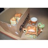 Box of novelty cottage teapots plus other crockery