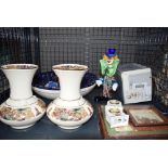 2 Celtic patterned vases, a carnival glass clown, 2 miniature quartz clocks, a ladro figure and