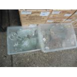 2 crates of various decanters, glassware, cups, etc.