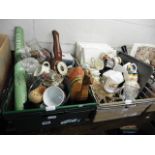 2 crates of bric a brac incl. decanters, glassware, mugs, wall plaques and decorative items