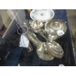 Silver plate salt, pepper, sugar bowl, small biscuit jar, spoons, brushes and mirror set, etc.