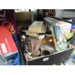 Crate of vintage tins, glassware and gift ware