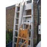 3 metal extending ladders with 2 wooden ladders