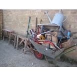 Large quantity of outdoor tools and other outdoor equipment incl. wheelbarrow, heavy duty wrench,